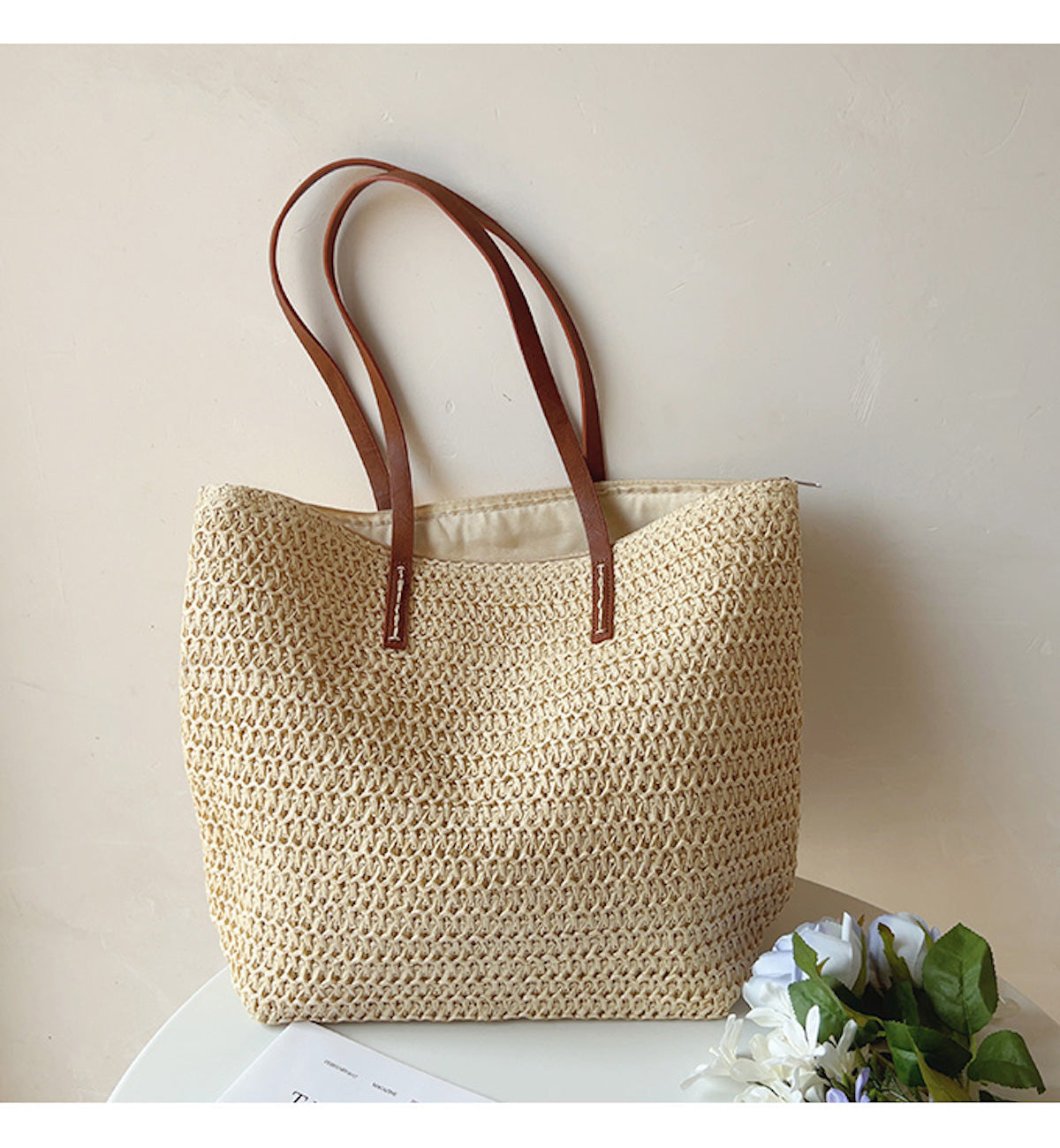 Woven Basket Bag Handwoven Rattan Leather Handles Zip Pocket