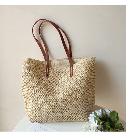 Woven Basket Bag Handwoven Rattan Leather Handles Zip Pocket
