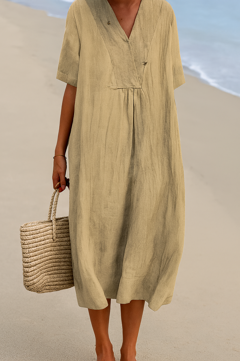 Breezy Coastal Dress with V-Neck and Soft Fabric, Short Sleeves