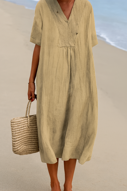 Breezy Coastal Dress with V-Neck and Soft Fabric, Short Sleeves