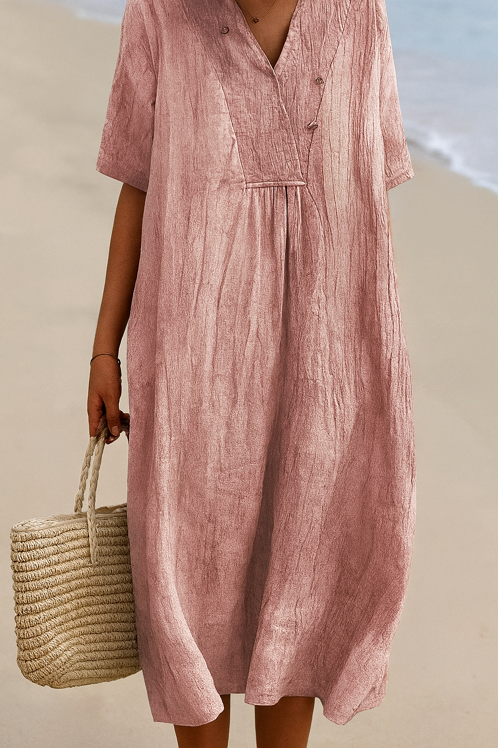 Breezy Coastal Dress with V-Neck and Soft Fabric, Short Sleeves