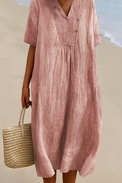 Breezy Coastal Dress with V-Neck and Soft Fabric, Short Sleeves