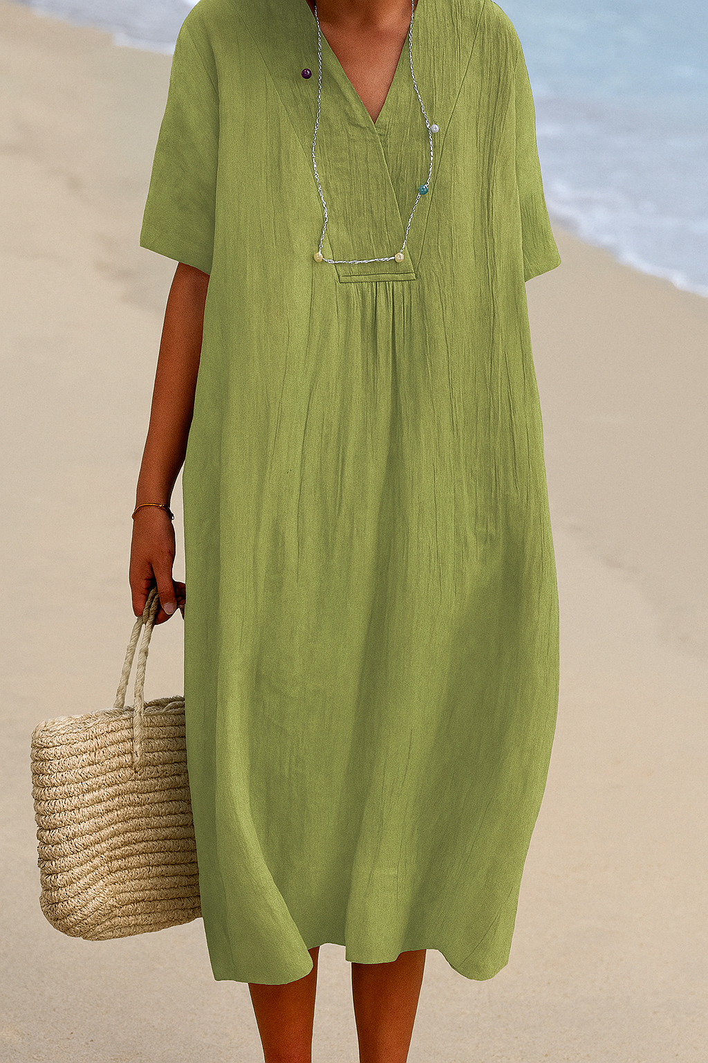 Breezy Coastal Dress with V-Neck and Soft Fabric, Short Sleeves