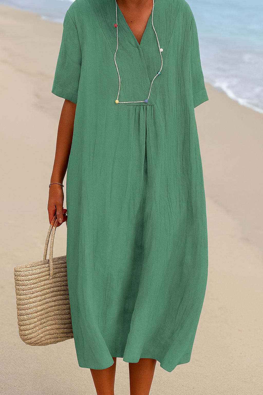 Breezy Coastal Dress with V-Neck and Soft Fabric, Short Sleeves
