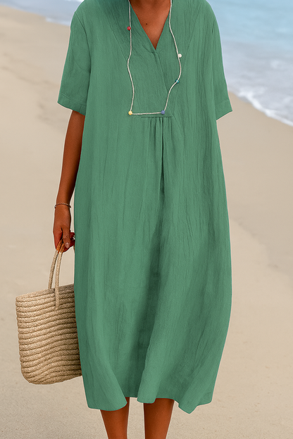 Breezy Coastal Dress with V-Neck and Soft Fabric, Short Sleeves