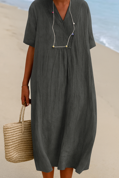 Breezy Coastal Dress with V-Neck and Soft Fabric, Short Sleeves