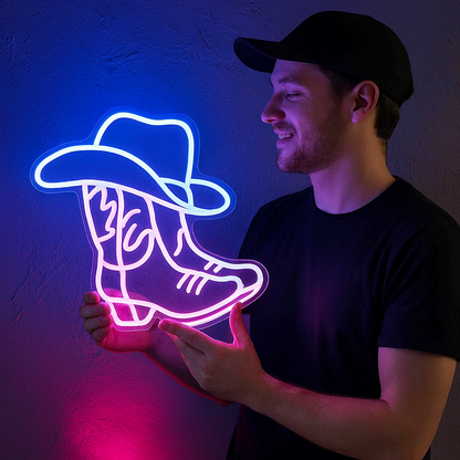 Illuminated Western Boot Sign with USB Power and Easy Mounting
