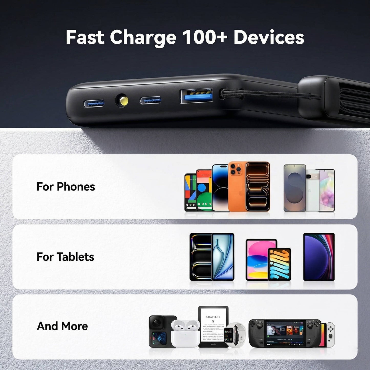 10,000mAh Power Bank with 45W Rapid Charge and Integrated Cable