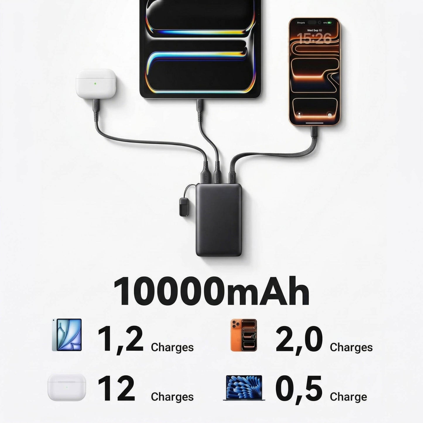 10,000mAh Power Bank with 45W Rapid Charge and Integrated Cable