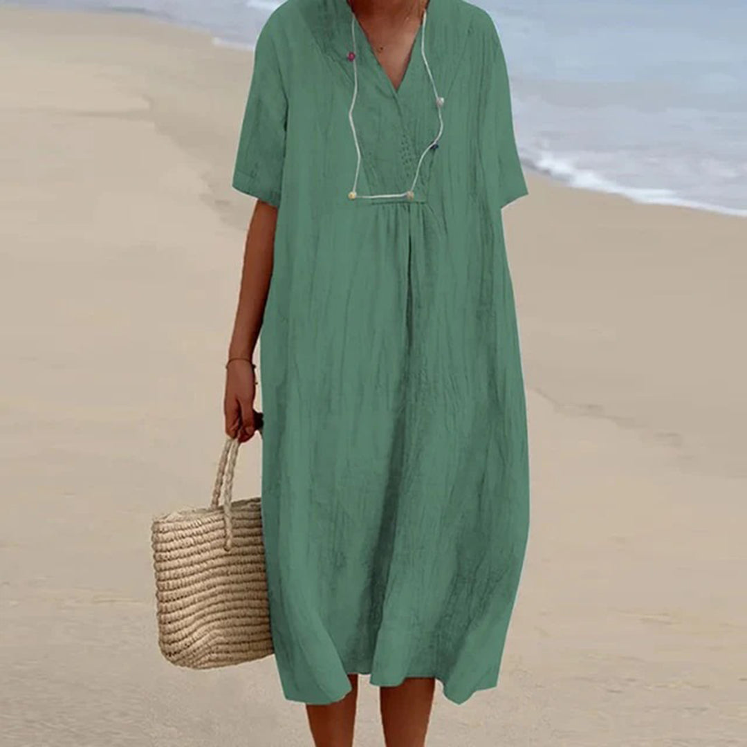 Breezy Midi Dress with V-Neck and Relaxed Fit, Short Sleeves
