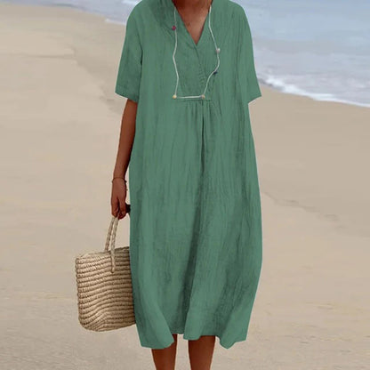 Breezy Midi Dress with V-Neck and Relaxed Fit, Short Sleeves