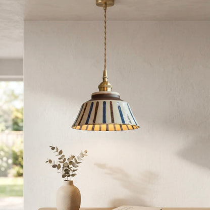 Handcrafted Ceramic Hanging Light with Elegant Brass Accents
