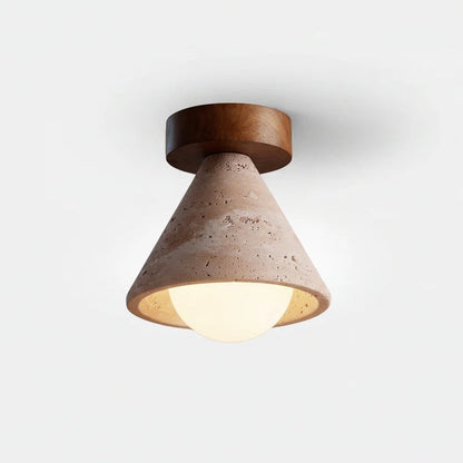 Natural Stone and Wood Ceiling Light with Opal Glass Shade