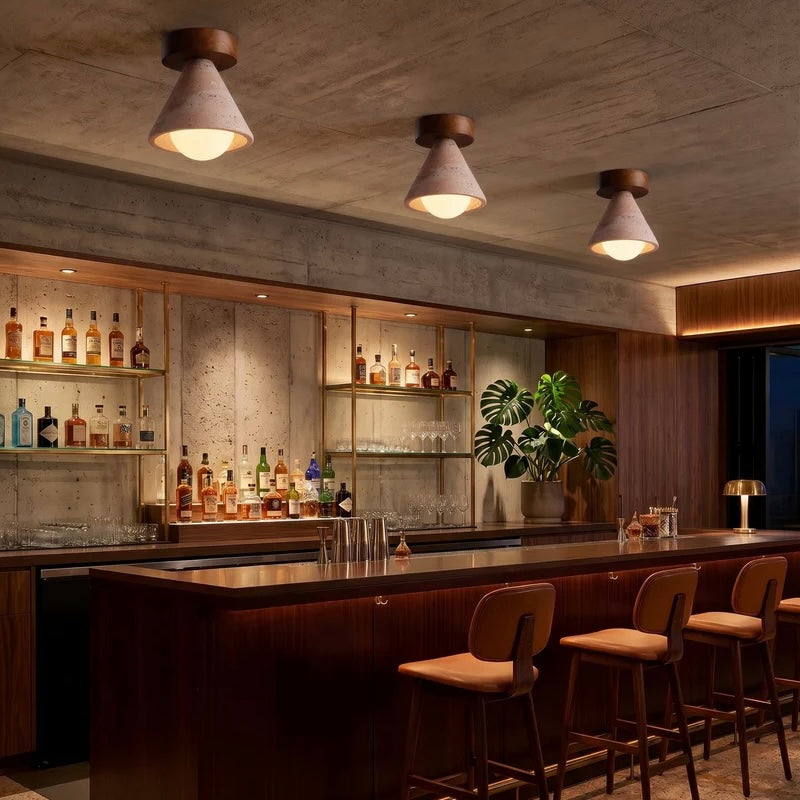 Natural Stone and Wood Ceiling Light with Opal Glass Shade