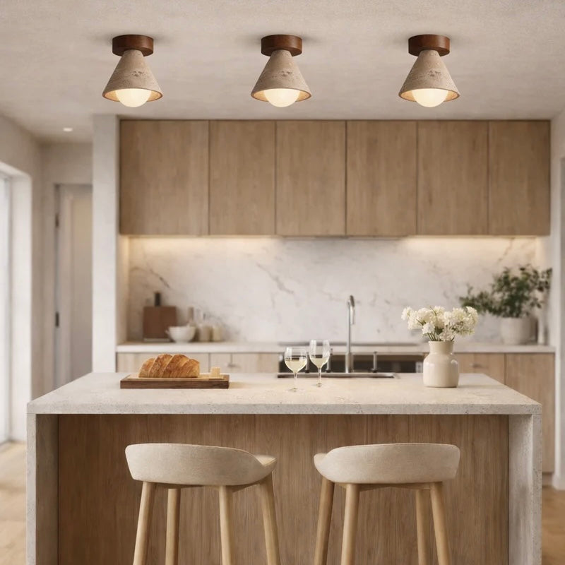 Natural Stone and Wood Ceiling Light with Opal Glass Shade