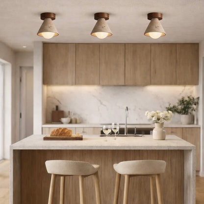 Natural Stone and Wood Ceiling Light with Opal Glass Shade