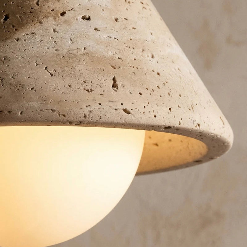 Natural Stone and Wood Ceiling Light with Opal Glass Shade