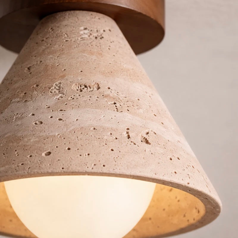 Natural Stone and Wood Ceiling Light with Opal Glass Shade