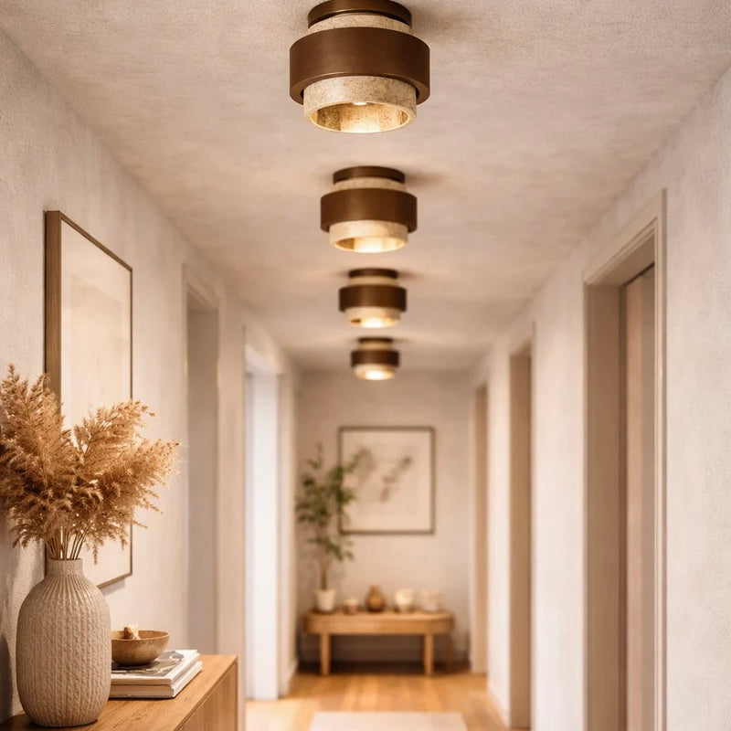 Elegant Travertine and Wood Ceiling Fixture with Soft Glow