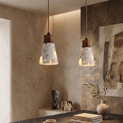 Natural Stone and Timber Hanging Light with Custom Height