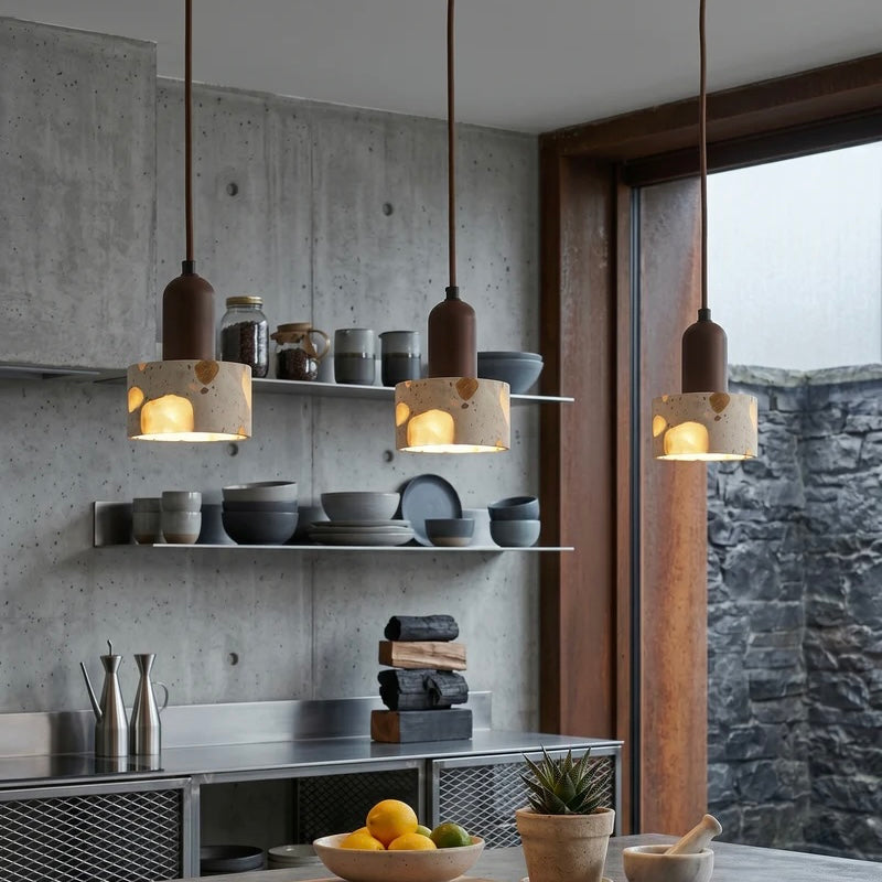 Natural Stone and Timber Hanging Light with Custom Height