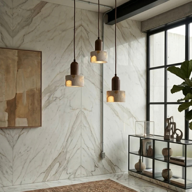Natural Stone and Timber Hanging Light with Custom Height