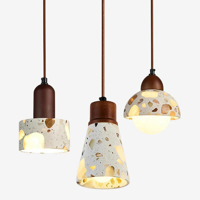 Natural Stone and Timber Hanging Light with Custom Height