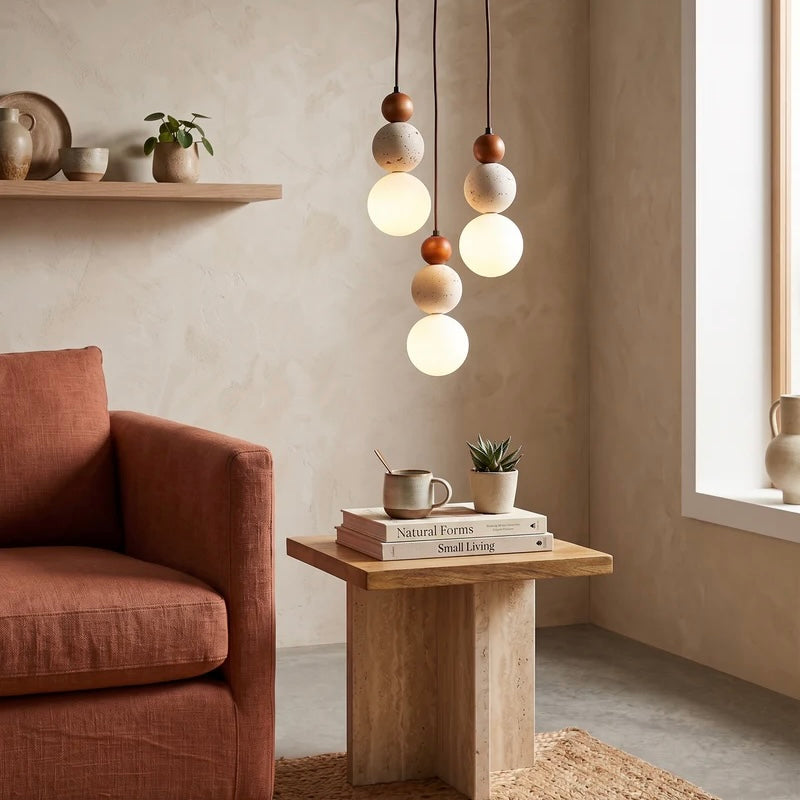 Elegant Hanging Light with Natural Wood, Stone, and Glass