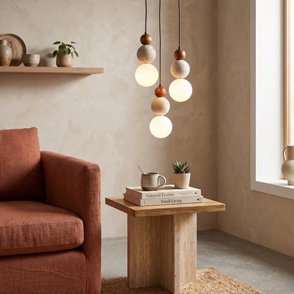 Elegant Hanging Light with Natural Wood, Stone, and Glass