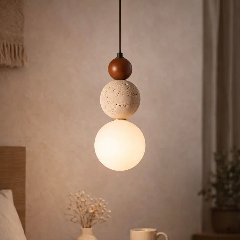 Elegant Hanging Light with Natural Wood, Stone, and Glass