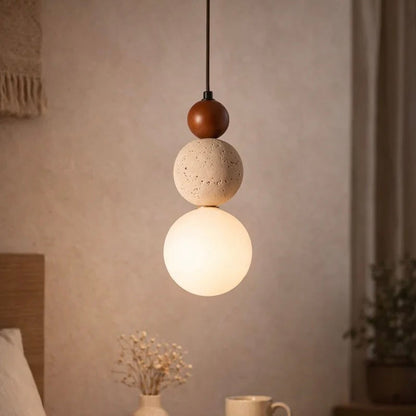 Elegant Hanging Light with Natural Wood, Stone, and Glass