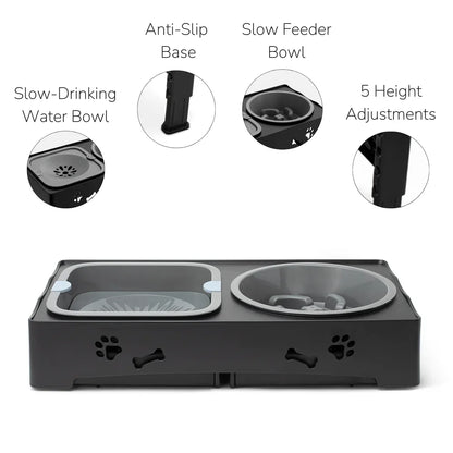 Elevated Pet Feeding Station with Slow Feed and Water Bowls
