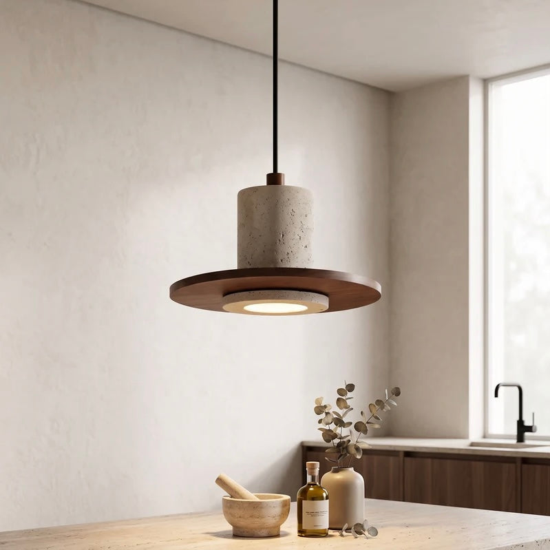 Rustic Stone & Wood Pendant Light Fixture
