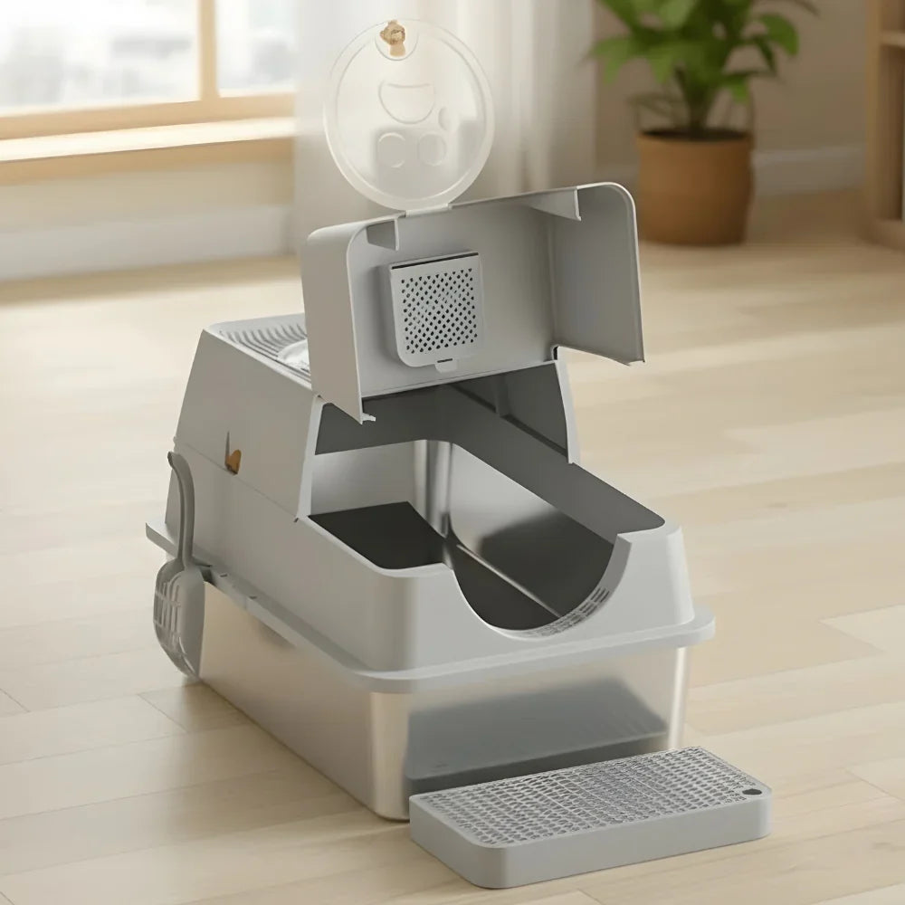 Elegant Stainless Steel Cat Litter Box with Easy Access Lid