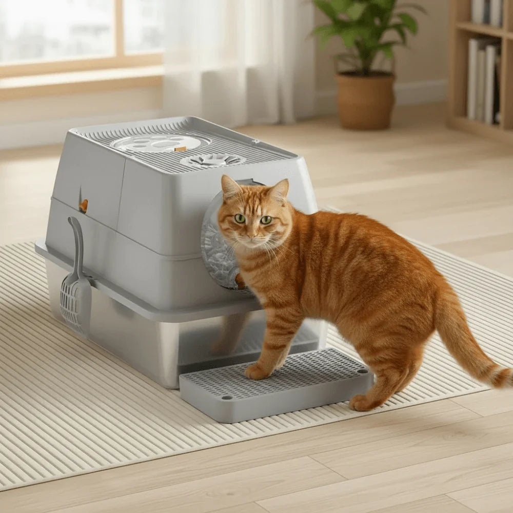 Elegant Stainless Steel Cat Litter Box with Easy Access Lid