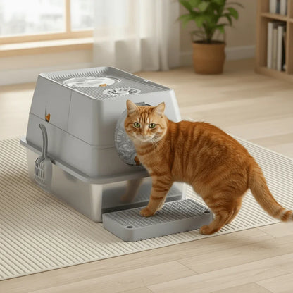 Elegant Stainless Steel Cat Litter Box with Easy Access Lid