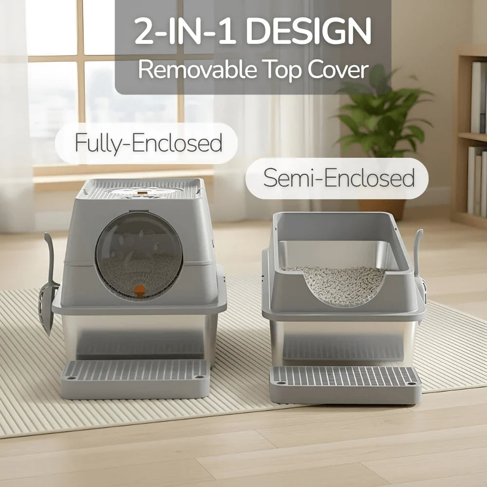 Elegant Stainless Steel Cat Litter Box with Easy Access Lid