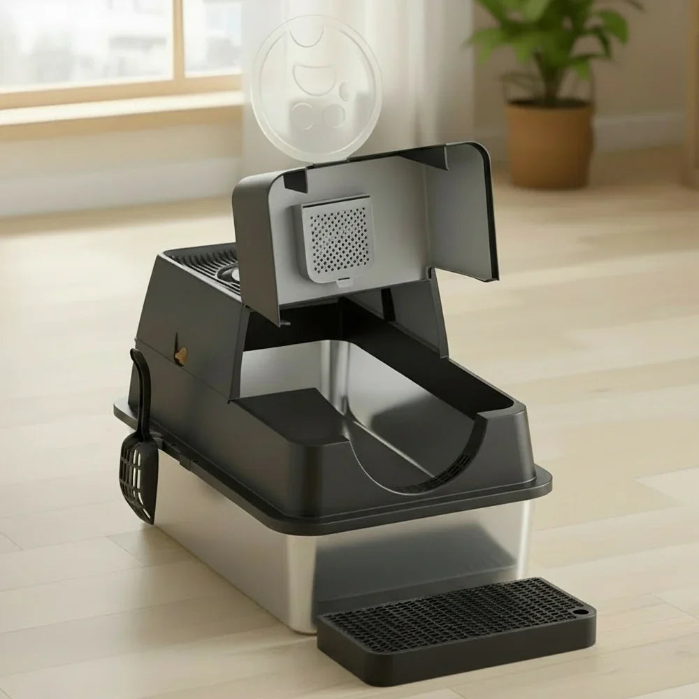 Elegant Stainless Steel Cat Litter Box with Easy Access Lid