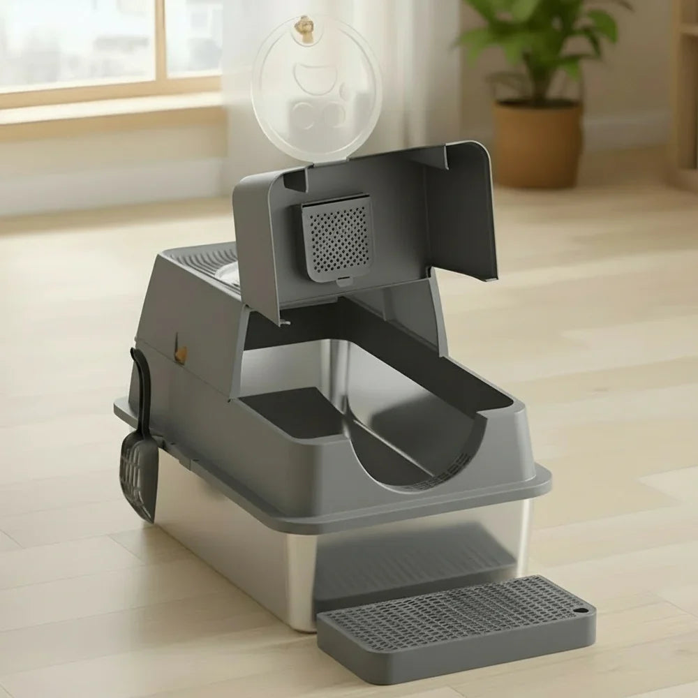 Elegant Stainless Steel Cat Litter Box with Easy Access Lid