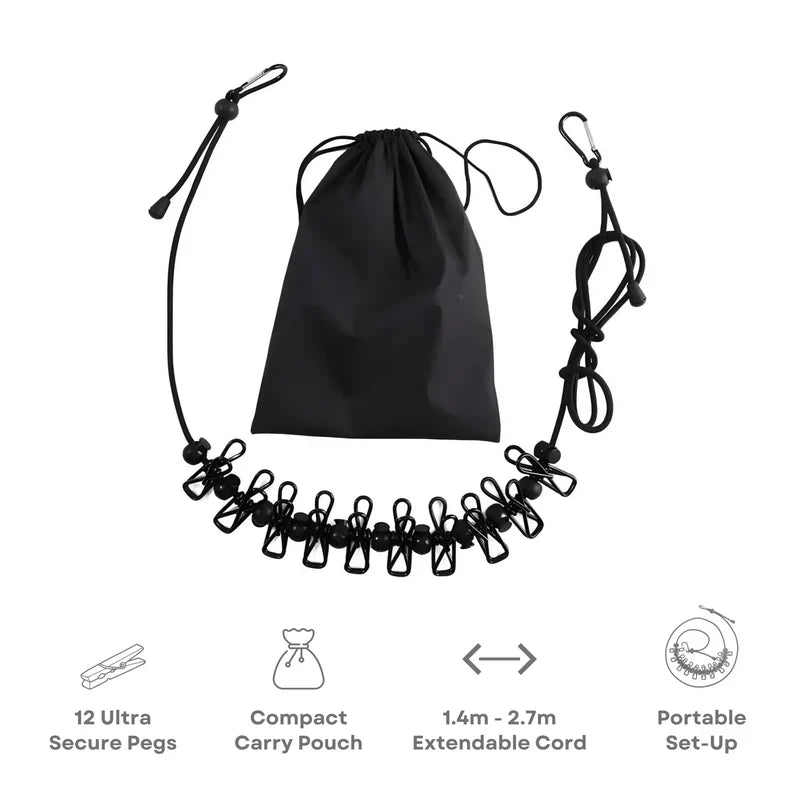 Compact Travel Clothesline with Adjustable Cord and Steel Hooks