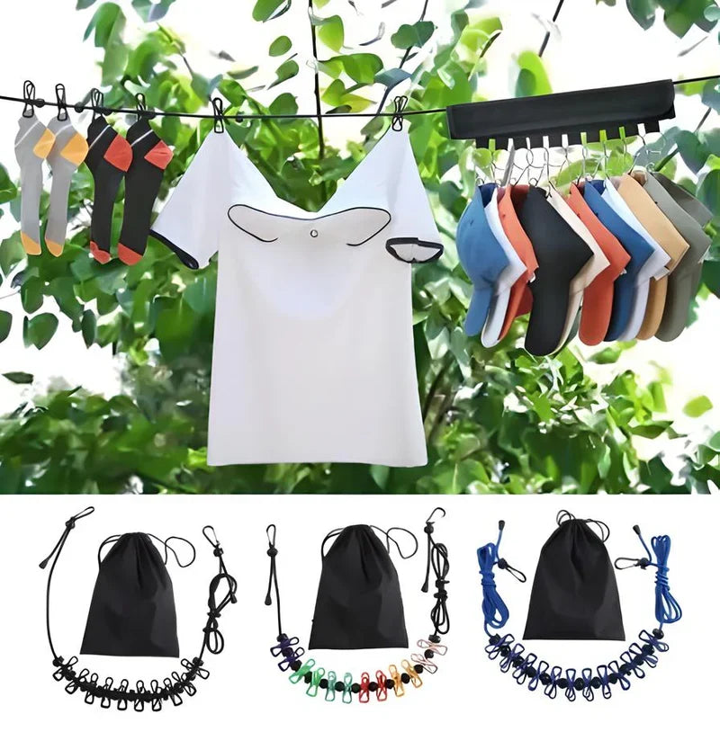 Compact Travel Clothesline with Adjustable Cord and Steel Hooks