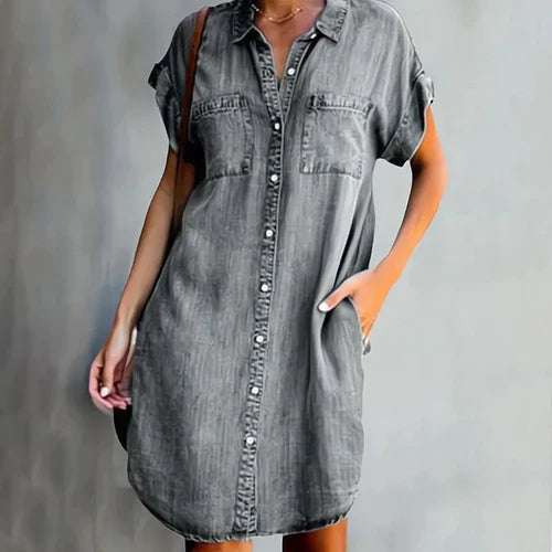 Chic Denim Dress with Button Closure and Functional Pockets