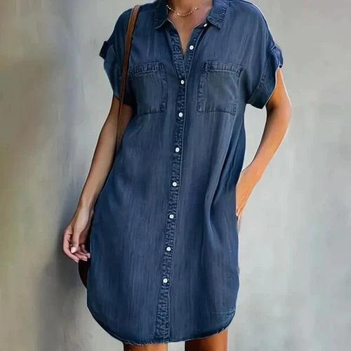 Chic Denim Dress with Button Closure and Functional Pockets
