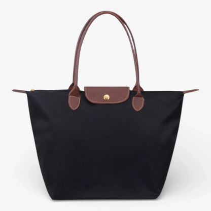 Chic Nylon Tote Bag with Leather Accents and Secure Closure