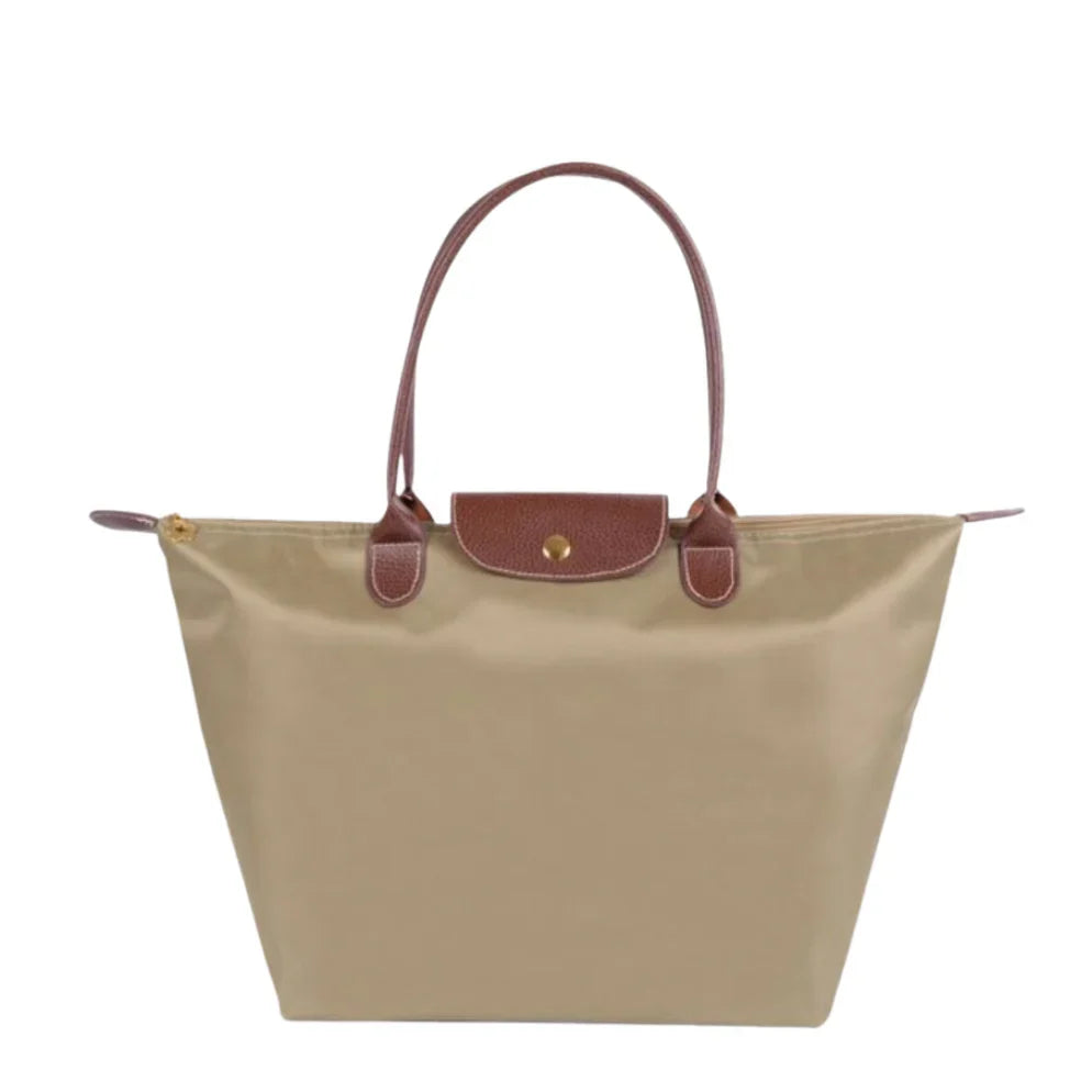 Chic Nylon Tote Bag with Leather Accents and Secure Closure