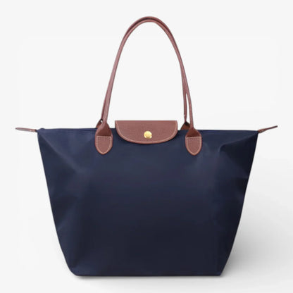 Chic Nylon Tote Bag with Leather Accents and Secure Closure
