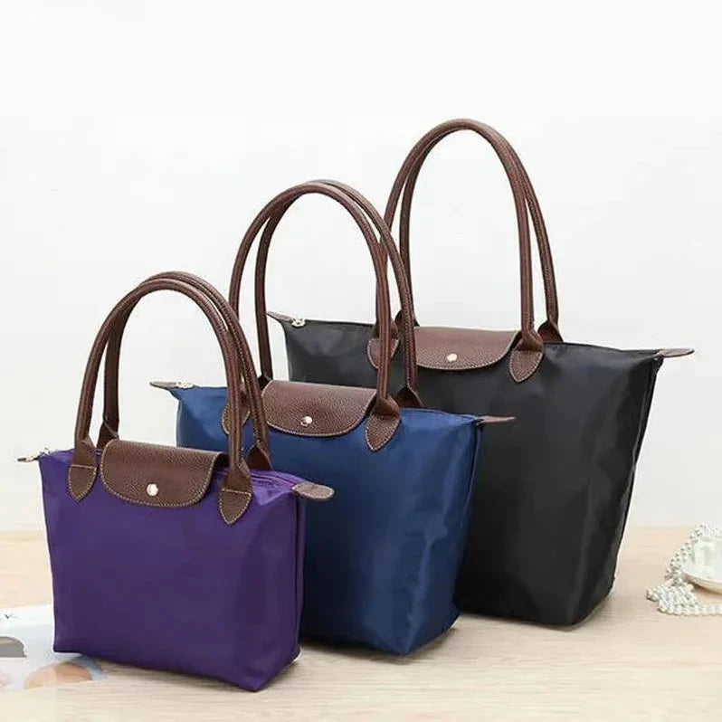 Chic Nylon Tote Bag with Leather Accents and Secure Closure