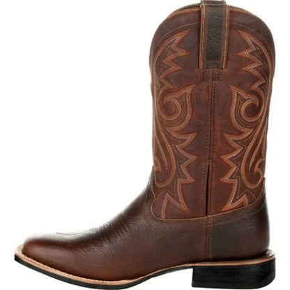Men's Retro-Inspired Leather Cowboy Boots with Embroidery