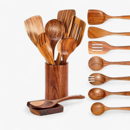 Elegant Teak Wood Cooking Utensil Collection - 9 Piece Set