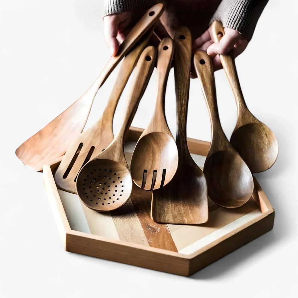 Elegant Teak Wood Cooking Utensil Collection - 9 Piece Set